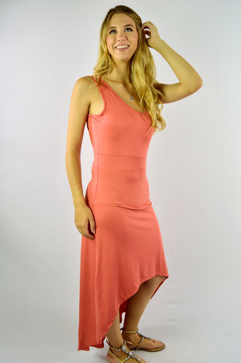 Wholesale high low sleeveless dress in coral
