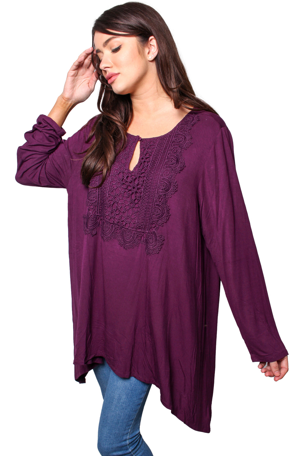 Women's Plus Long Sleeves Round Neck Key Hole With Crochet Detail Top