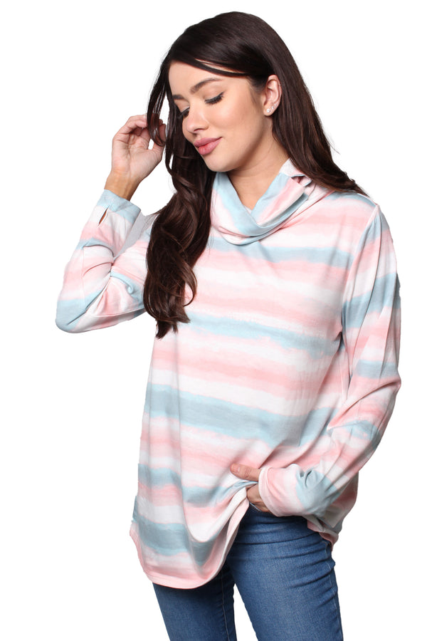 Women's Long Sleeves Cowl Neck Tie Dye Stripes Top