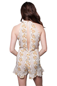 Women's Sleeveless Halter Key Hole Floral Romper With Crochet Detail
