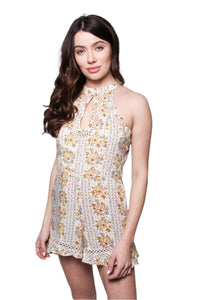 Women's Sleeveless Halter Key Hole Floral Romper With Crochet Detail
