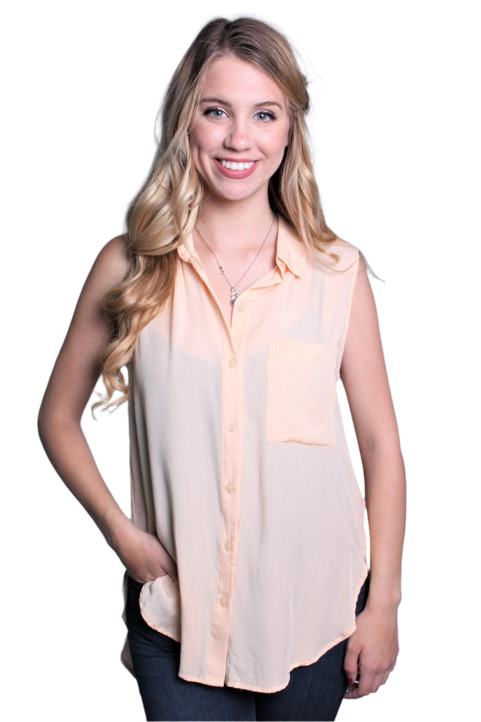 Women's Sleeveless Button Down Top w/ Front Pocket