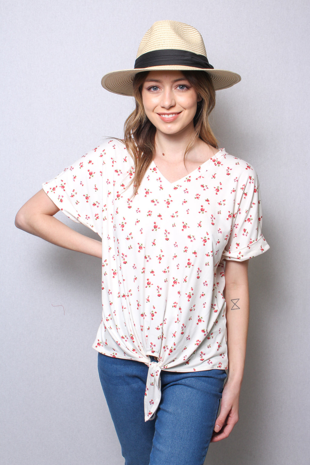 Women's Floral V Neck Top w/ Front Knot