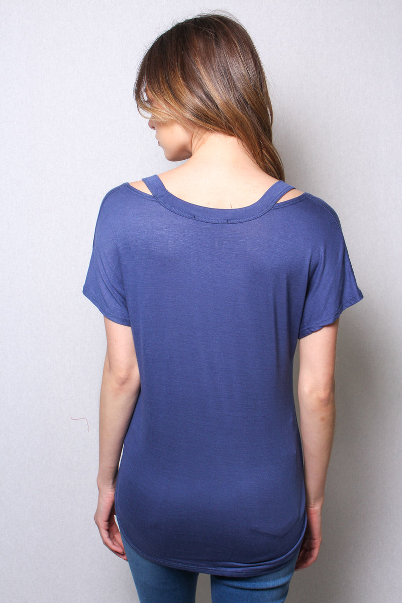 Women's Short Sleeves Cut Out Shoulder Round Neck Top