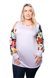 Women's Plus Floral Long Sleeves One Side Cold Shoulder Top