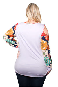 Women's Plus Floral Long Sleeves One Side Cold Shoulder Top