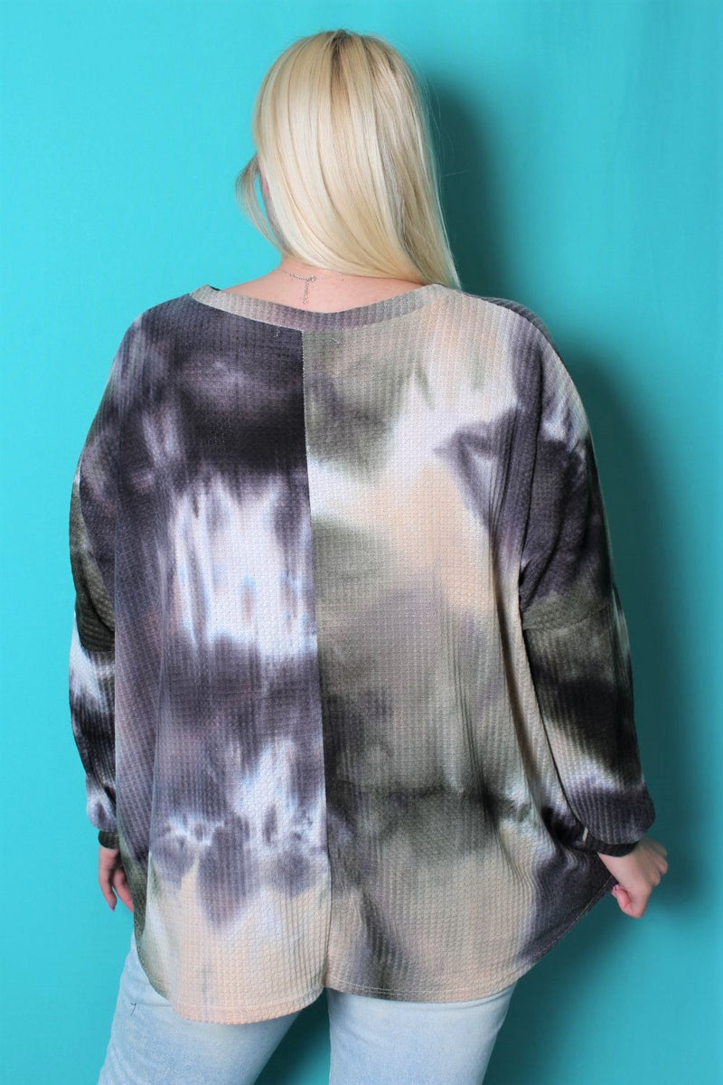 Women's Plus Size Long Sleeve Tie Dye Waffle Knit Top With Button Detail