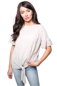 Women's Round Neck Ruffle Short Sleeves Tie Front Blouse