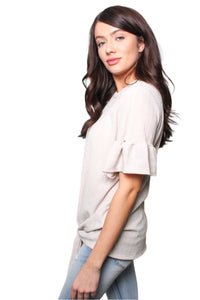 Women's Round Neck Ruffle Short Sleeves Tie Front Blouse