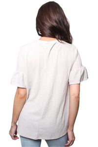 Women's Round Neck Ruffle Short Sleeves Tie Front Blouse