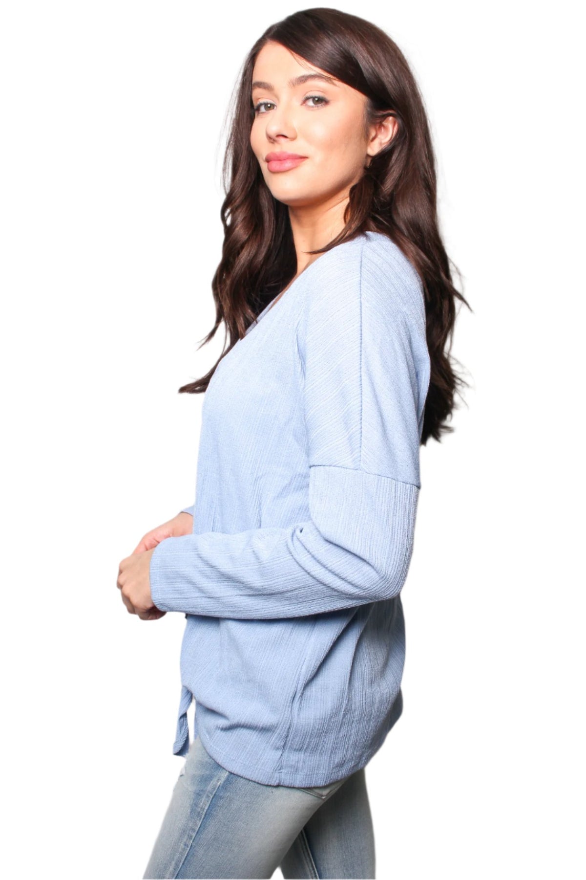 Women's V Neck Long Sleeves Tie Front Button Detail Top