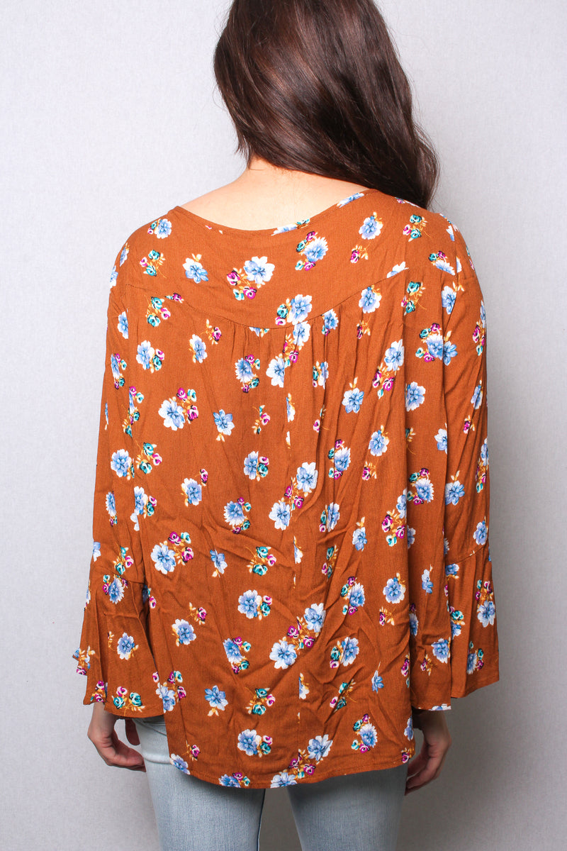 Women's Ribbon V Neck Bell Sleeves Floral Top
