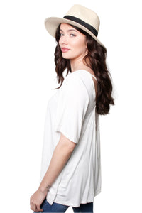 Women's Round Neck Short Sleeves Cage Open Back Flowy Tee