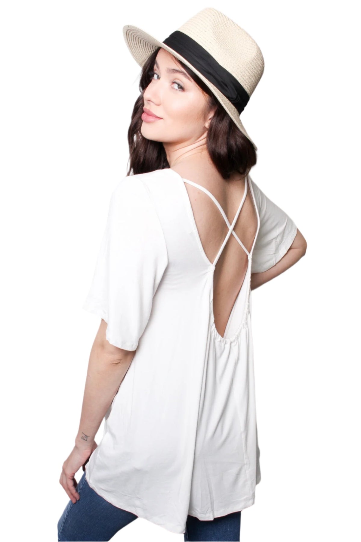 Women's Round Neck Short Sleeves Cage Open Back Flowy Tee