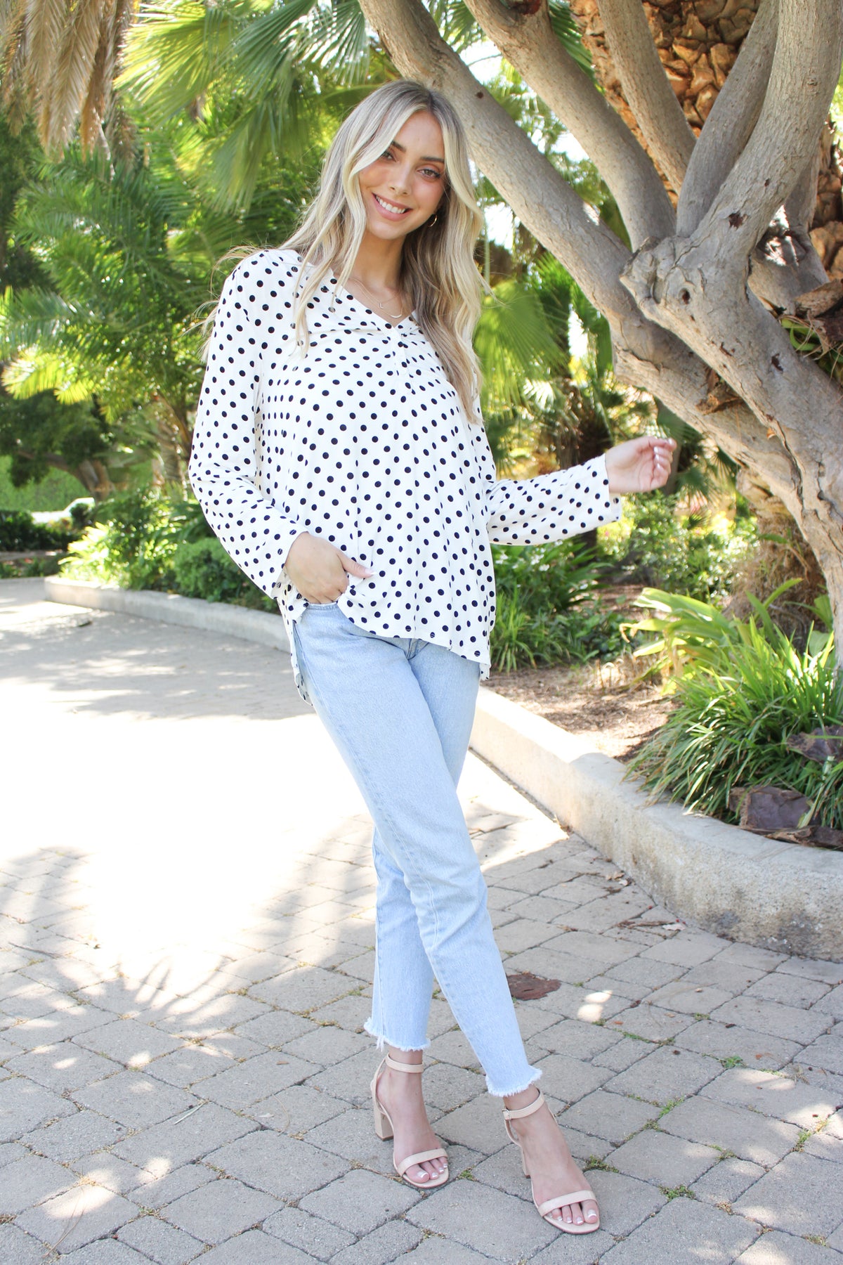 Women's Long Sleeve V Neck Button Detail Polka Dot Top