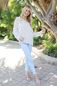 Women's Long Sleeve V Neck Button Detail Polka Dot Top