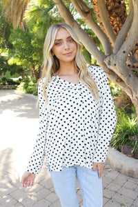 Women's Long Sleeve V Neck Button Detail Polka Dot Top