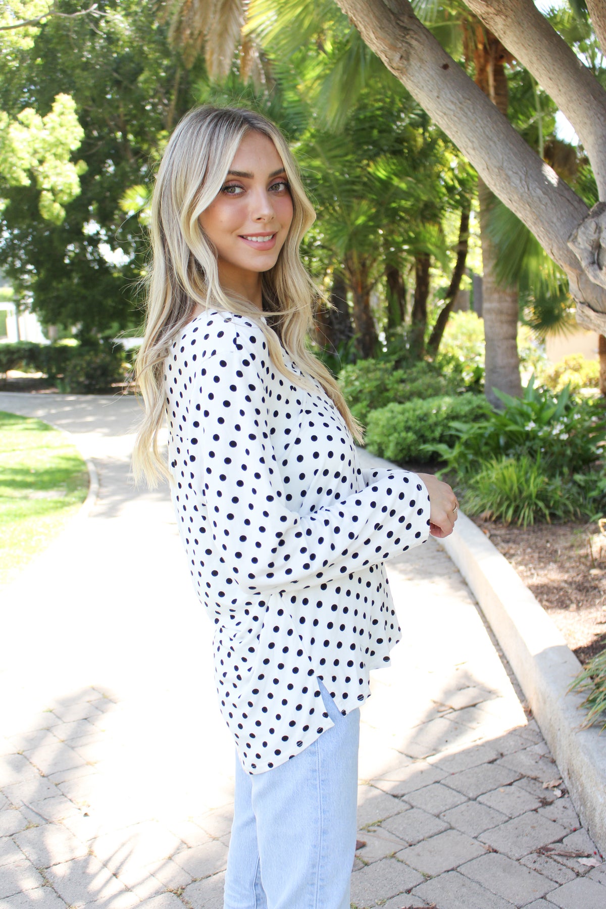 Women's Long Sleeve V Neck Button Detail Polka Dot Top