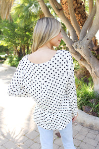 Women's Long Sleeve V Neck Button Detail Polka Dot Top
