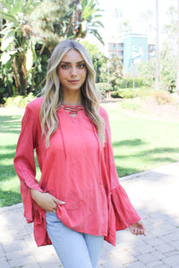 Women's Lace Up V Neck Long Sleeve With Ruffle And Button Detail Top