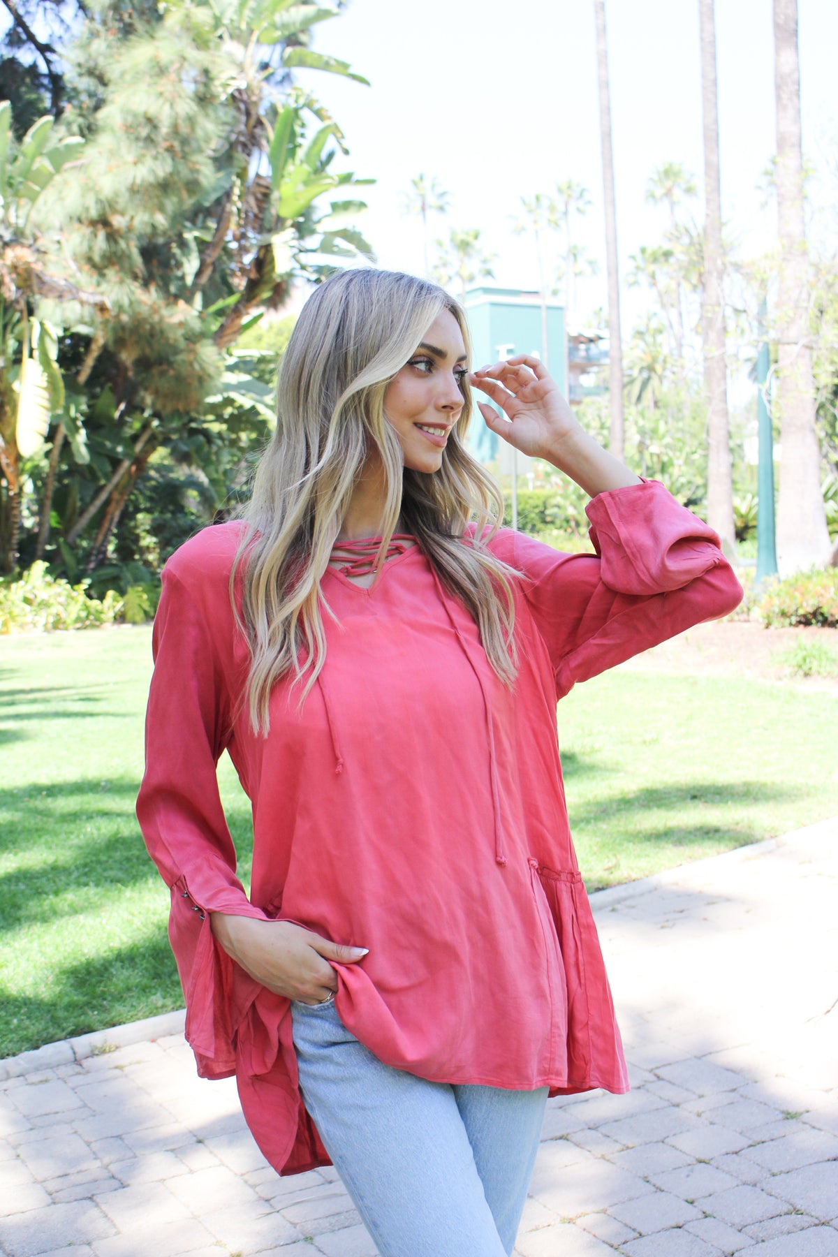 Women's Lace Up V Neck Long Sleeve With Ruffle And Button Detail Top