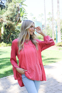 Women's Lace Up V Neck Long Sleeve With Ruffle And Button Detail Top