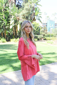 Women's Lace Up V Neck Long Sleeve With Ruffle And Button Detail Top