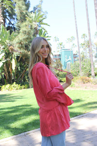 Women's Lace Up V Neck Long Sleeve With Ruffle And Button Detail Top