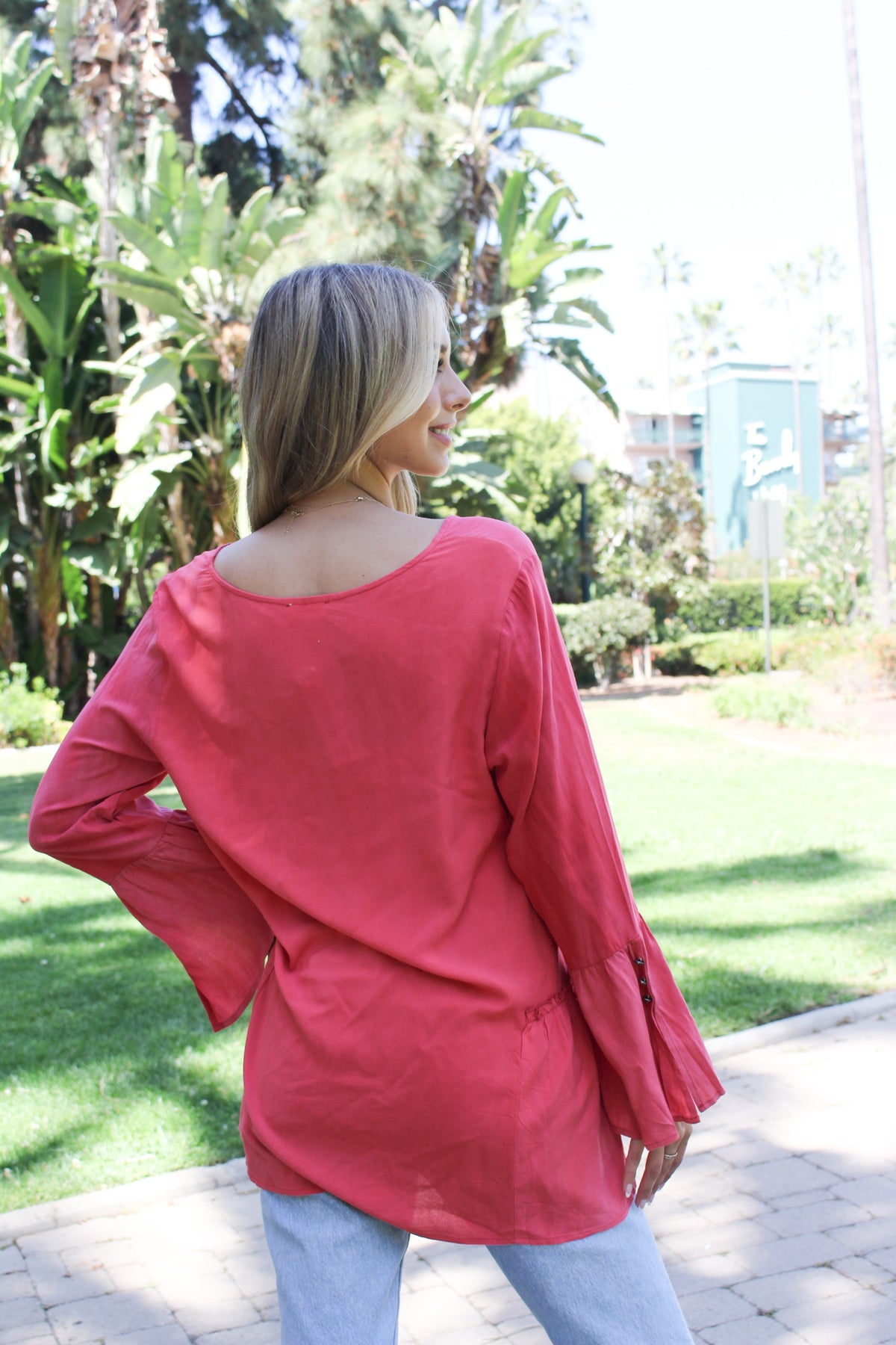 Women's Lace Up V Neck Long Sleeve With Ruffle And Button Detail Top