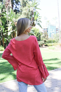 Women's Lace Up V Neck Long Sleeve With Ruffle And Button Detail Top