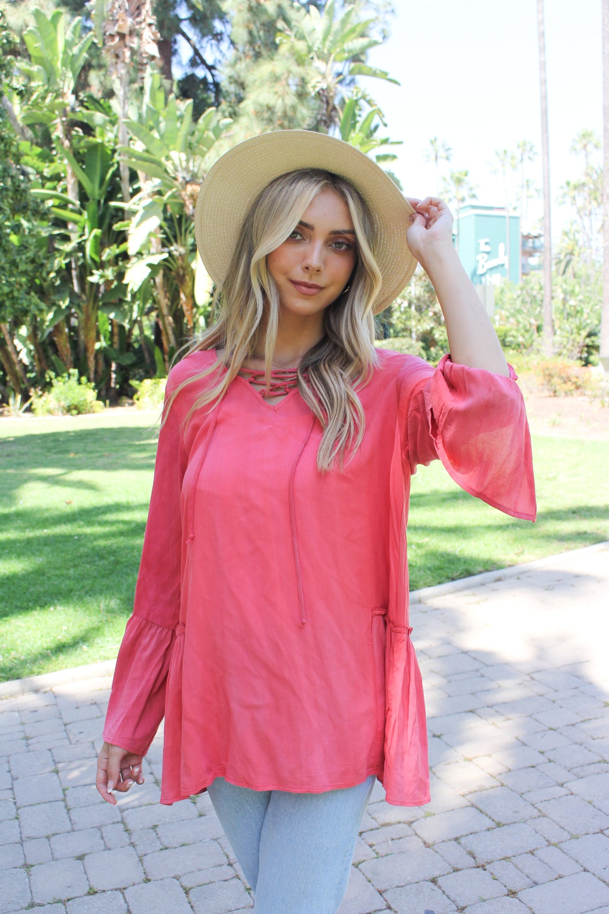 Women's Lace Up V Neck Long Sleeve With Ruffle And Button Detail Top