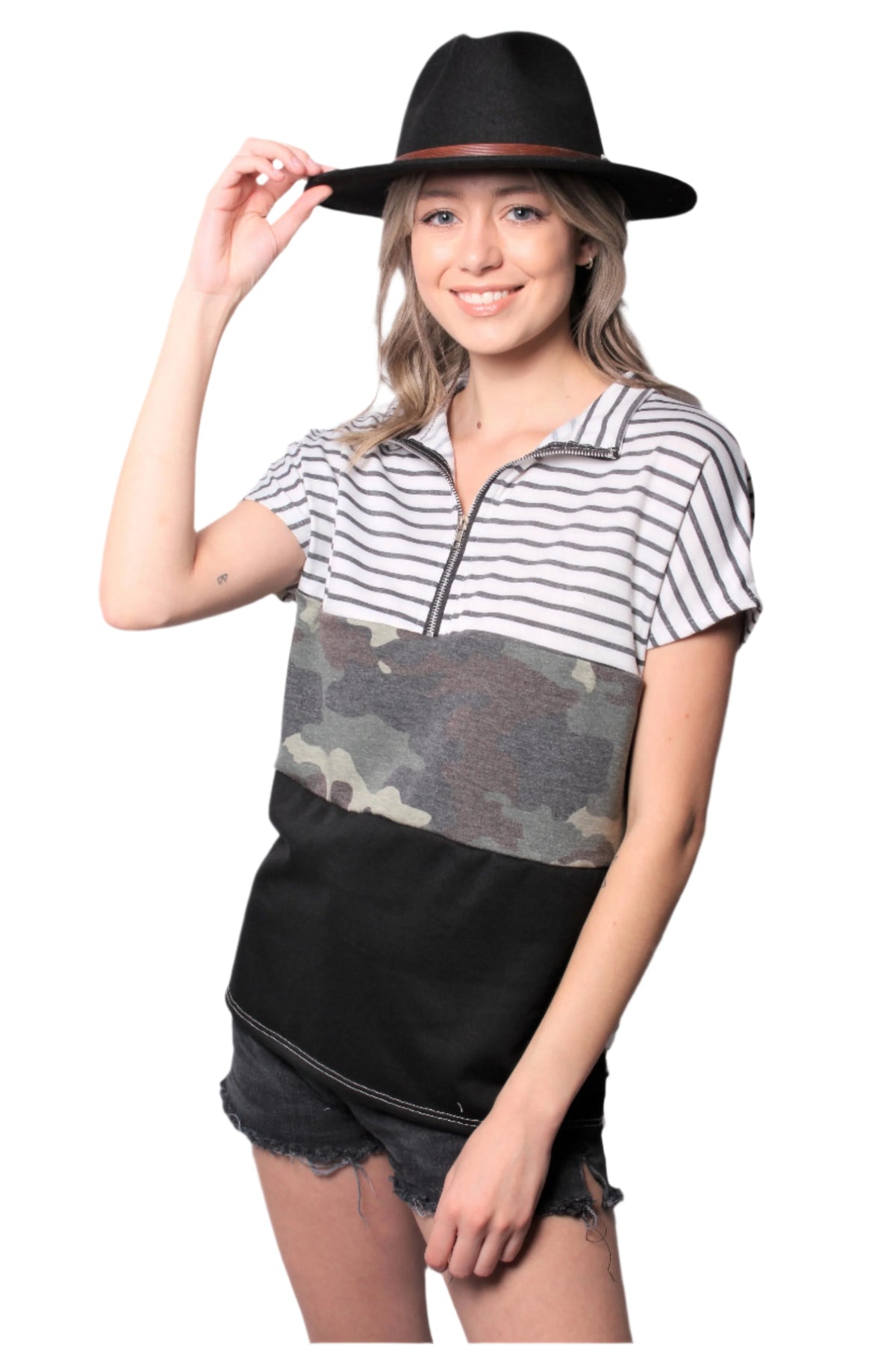 Women's Short Sleeve Zip Up Color Block Top
