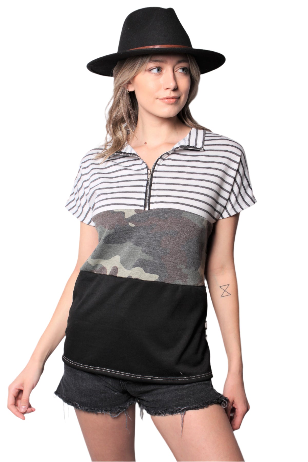 Women's Short Sleeve Zip Up Color Block Top
