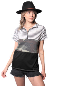 Women's Short Sleeve Zip Up Color Block Top