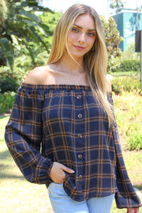 Women's Checker Print Off Shoulder Button Down Front Top
