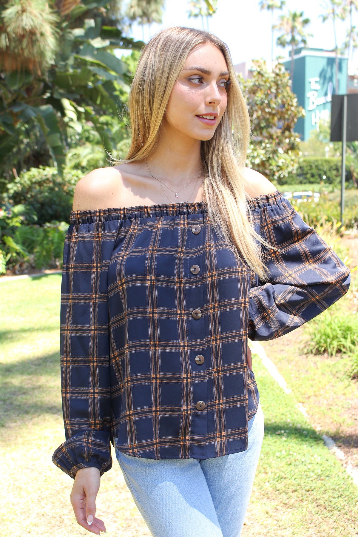 Women's Checker Print Off Shoulder Button Down Front Top