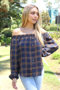 Women's Checker Print Off Shoulder Button Down Front Top
