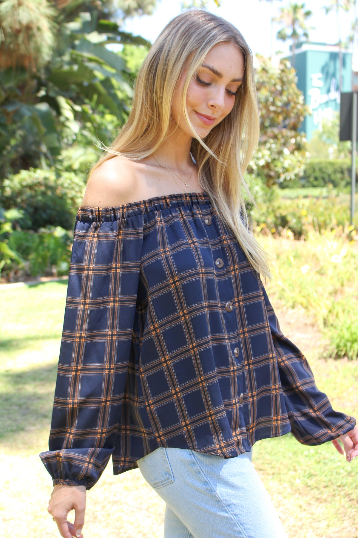 Women's Checker Print Off Shoulder Button Down Front Top