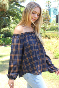 Women's Checker Print Off Shoulder Button Down Front Top