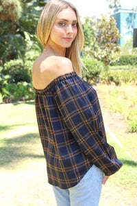 Women's Checker Print Off Shoulder Button Down Front Top