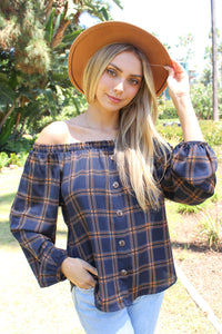 Women's Checker Print Off Shoulder Button Down Front Top