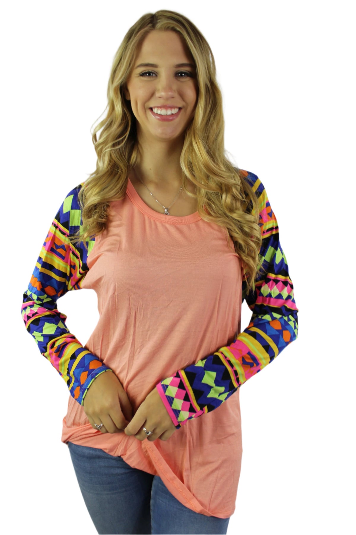 Women's Multi Color Aztec Sleeve Round Neck Top