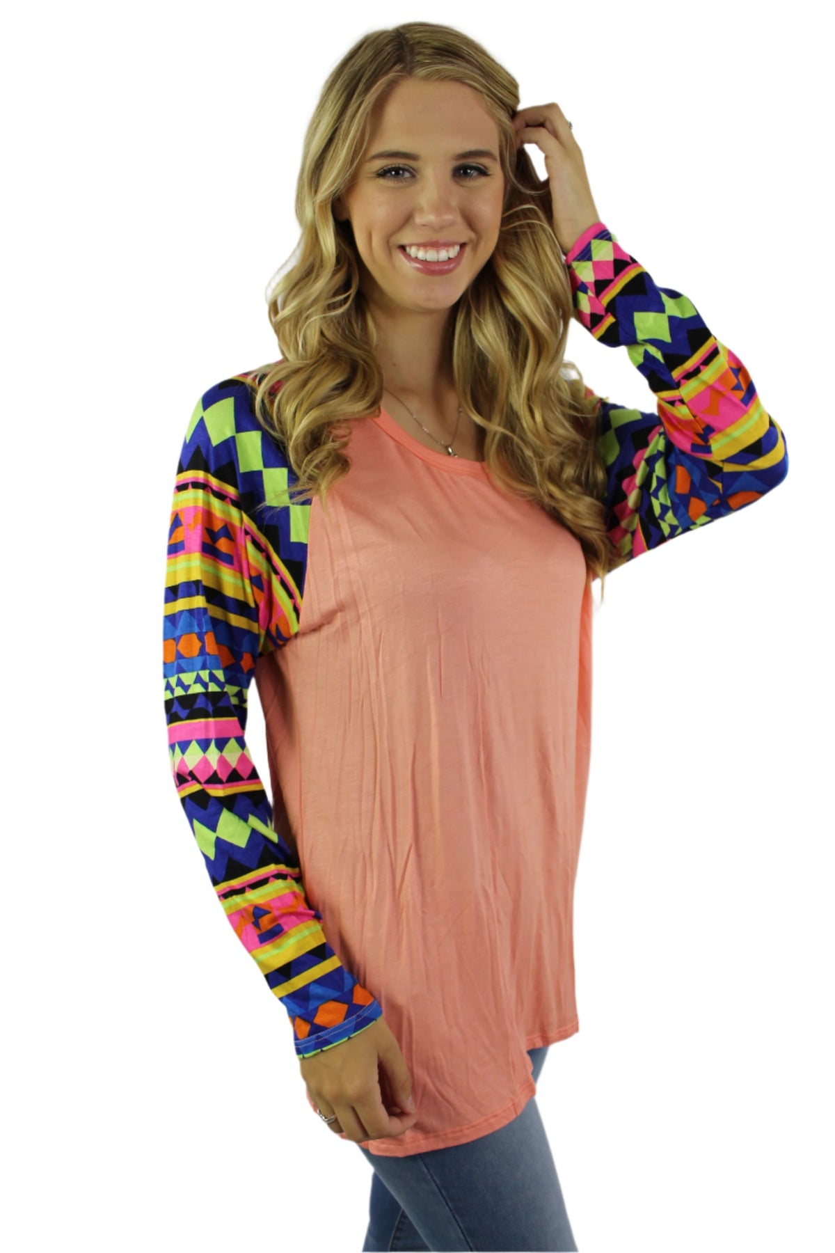 Women's Multi Color Aztec Sleeve Round Neck Top