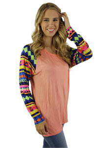 Women's Multi Color Aztec Sleeve Round Neck Top