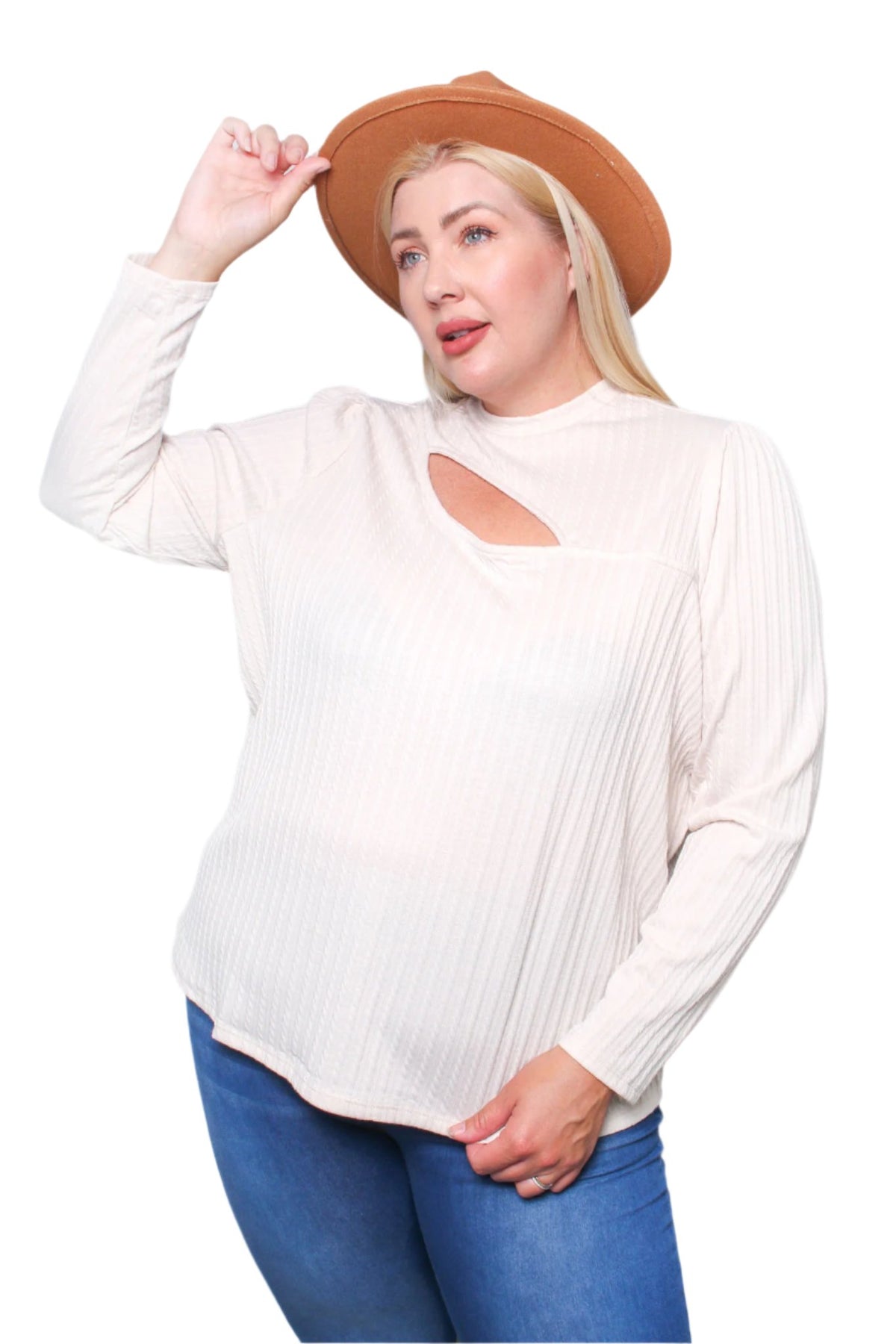 Women's Plus Solid Long Sleeve Top with Front Cut Out