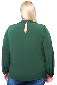 Women's Plus Long Sleeve Bejeweled Neck Cage Blouse