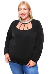 Women's Plus Long Sleeve Bejeweled Neck Cage Blouse