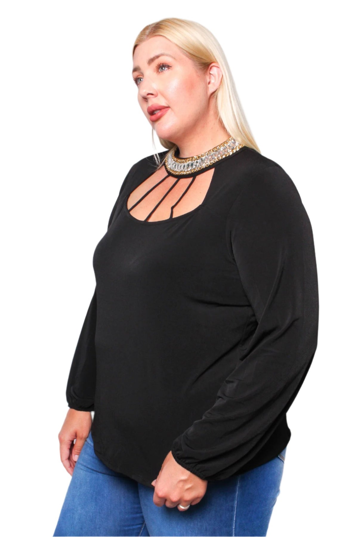 Women's Plus Long Sleeve Bejeweled Neck Cage Blouse
