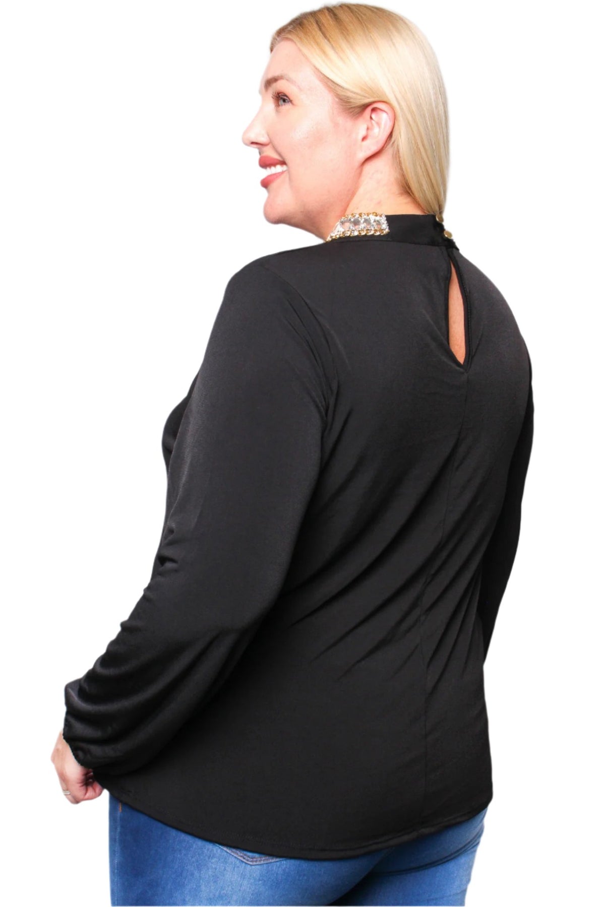 Women's Plus Long Sleeve Bejeweled Neck Cage Blouse
