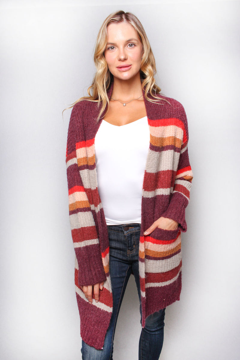 Women’s Long Sleeve Cable Knit Stripes Pocket Cardigan